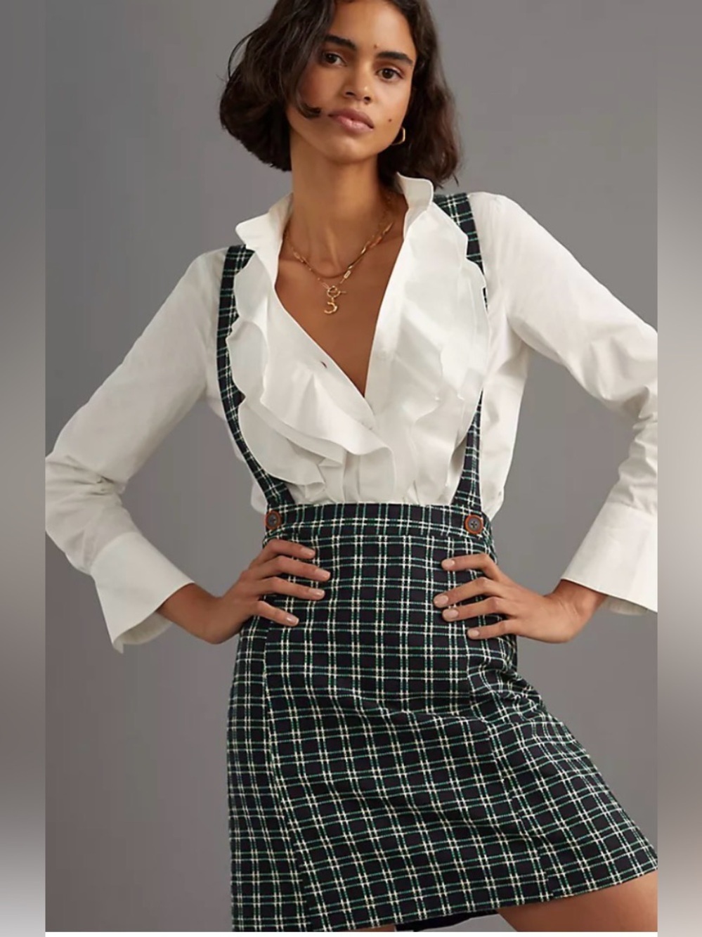Anthropologie Maeve Green Plaid Pinafore Suspender Skirt US 12